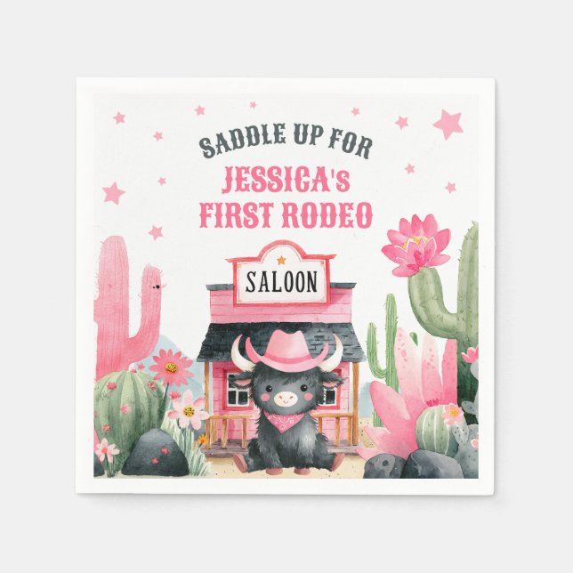 Cowgirl First Rodeo Highland Cow Birthday Party  Napkin (Front)