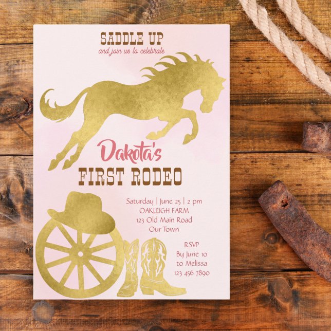 Cowgirl first rodeo pink and gold birthday invite (Creator Uploaded)