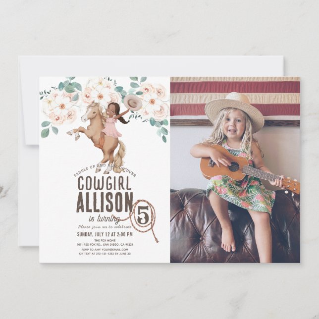 Cowgirl Floral Rodeo Pony Ride Photo Birthday Invitation (Front)