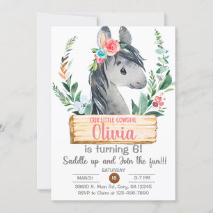 Cowgirl, grey horse, riding, girl birthday, invite