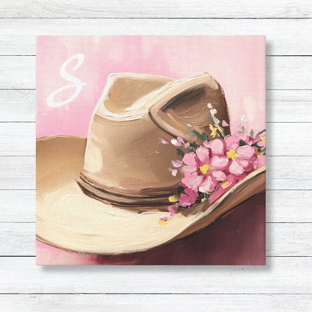 Cowgirl Hat Canvas with Pink Wildflowers Monogram (Taupe Cowgirl Hat with Pink Wildflowers Monogram Script Letter Canvas Art for Girls Room Decor)