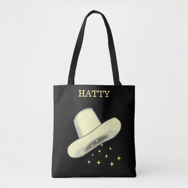 Cowgirl Hat Cartoon Image & Stars on Black Tote Bag (Front)