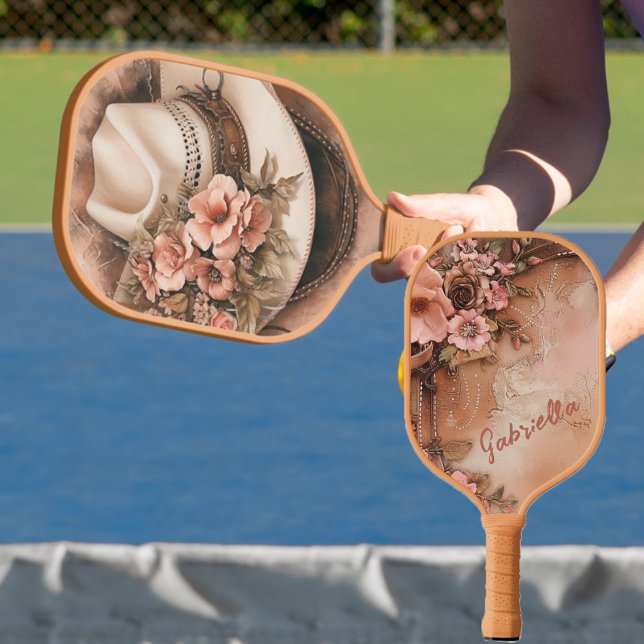Cowgirl Hat Peach Flowers Personalized Pickleball Paddle (Creator Uploaded)