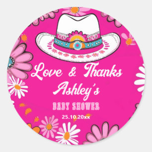 Cowgirl hat pink retro daisies baby shower favor classic round sticker