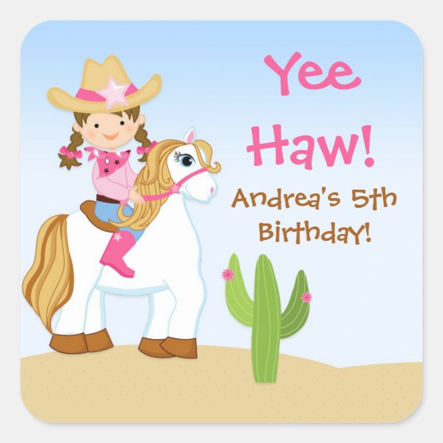 Cowgirl Horse Birthday Party Favour Sticker (Front)