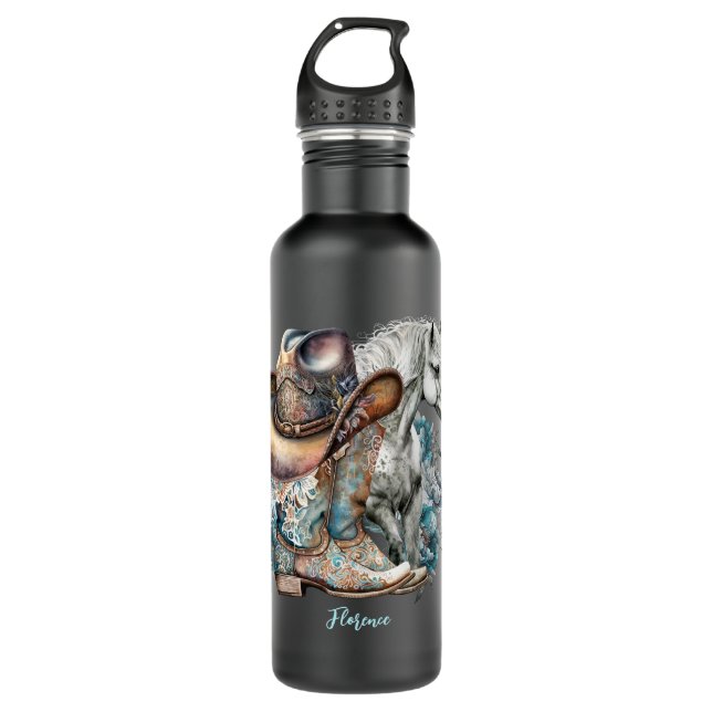 Cowgirl horse cowboy boots hat floral western  710 ml water bottle (Front)