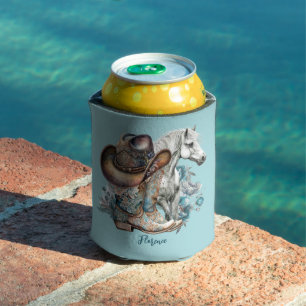 Cowgirl horse cowboy boots hat floral western can cooler