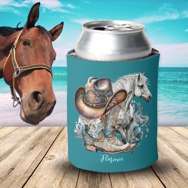 Cowgirl horse cowboy boots hat floral western  can cooler (Personalized cowgirl can cooler, cowboy hat, cowboy boots, horse lover, turquoise floral design.)