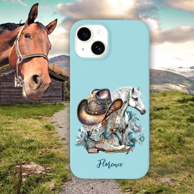 Cowgirl horse cowboy boots hat floral western  Case-Mate iPhone case (Horsegirl, horse lover personalized turquoise western style cowboy boots cowboy hat phone case.)