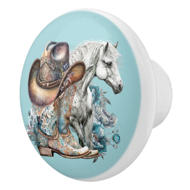 Cowgirl horse cowboy boots hat floral western  ceramic knob (Right)