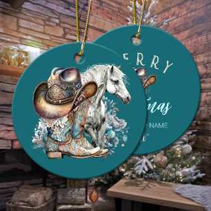 Cowgirl horse cowboy boots hat floral western  ceramic tree decoration