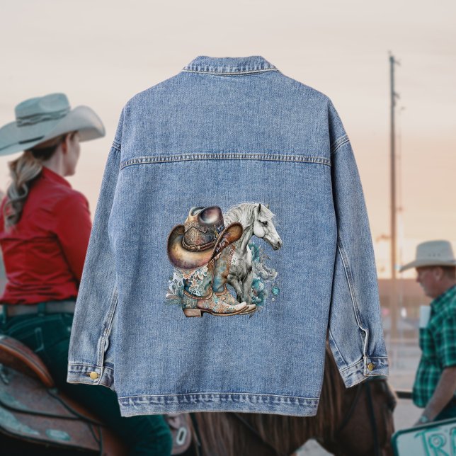 Cowgirl horse cowboy boots hat floral western denim jacket (Cowgirl denim jacket with horse cowboy boots cowboy hat turquoise flowers)