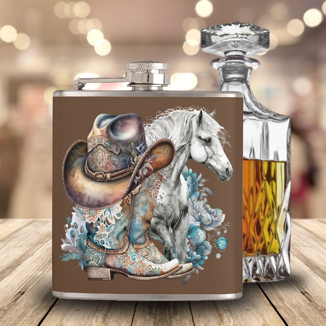 Cowgirl horse cowboy boots hat floral western  hip flask (Western cowgirl floral cowboy boots, hat, turquoise and brown personalized flask.)