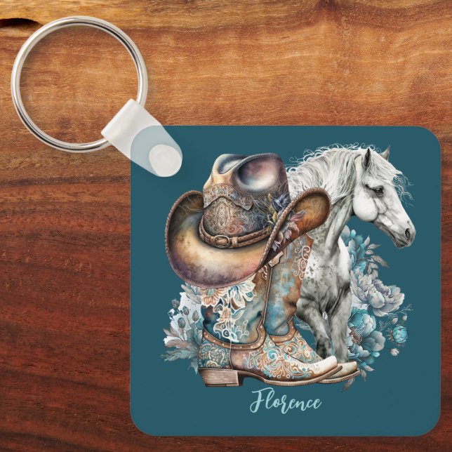 Cowgirl horse cowboy boots hat floral western  key ring (Front)