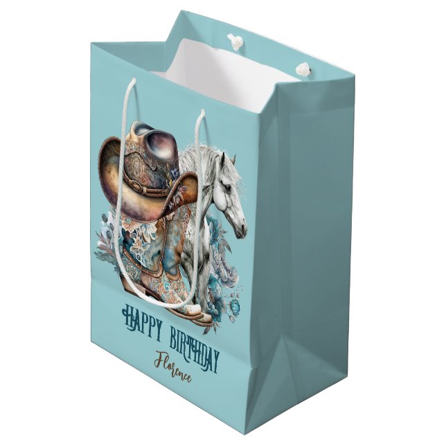 Cowgirl horse cowboy boots hat floral western  medium gift bag (Front Angled)