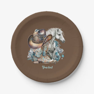 Cowgirl horse cowboy boots hat floral western  paper plate