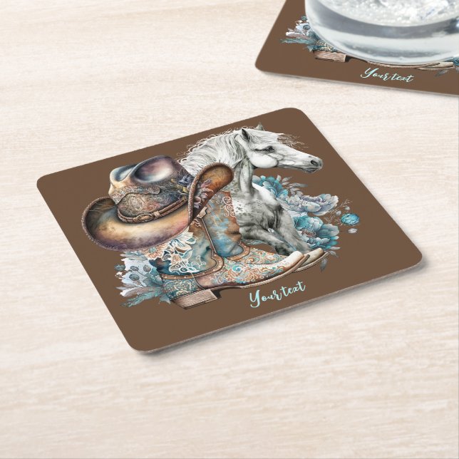Cowgirl horse cowboy boots hat floral western  square paper coaster (Angled)