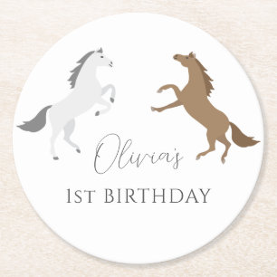 Cowgirl Horse Equestrian 1st Birthday Round Paper Coaster