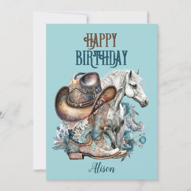 Cowgirl horse floral western blue Birthday (Front)