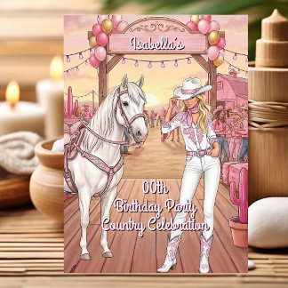 Cowgirl Horse Pink White Ranch Birthday Party Invitation