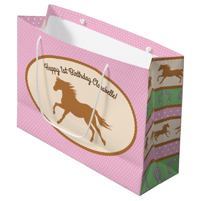 Cowgirl Horse Pony Cute 1st Birthday Party Theme Large Gift Bag (Front Angled)