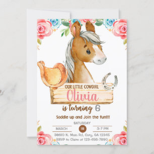Cowgirl, horse, riding, girl birthday invitation. invitation
