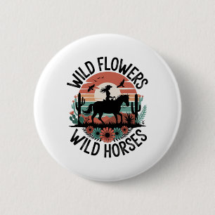 Cowgirl Horseback Riding Wild Flower Women Girls H 6 Cm Round Badge