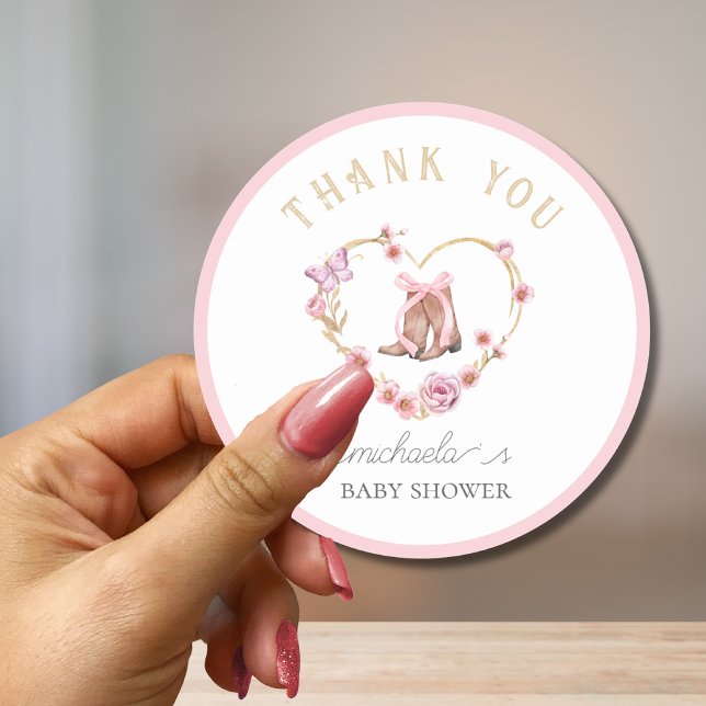  Cowgirl is on the Way Baby Shower Thank You Classic Round Sticker (Creator Uploaded)