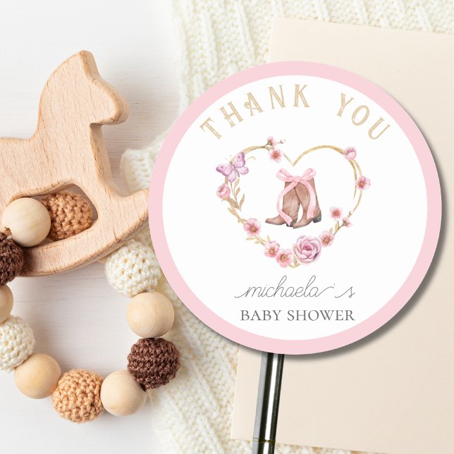  Cowgirl is on the Way Baby Shower Thank You Classic Round Sticker (Creator Uploaded)