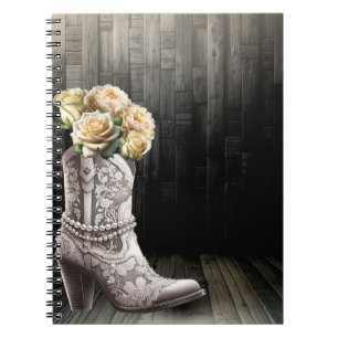 Cowgirl Lace & Pearls Boots White Flowers Rustic Notebook