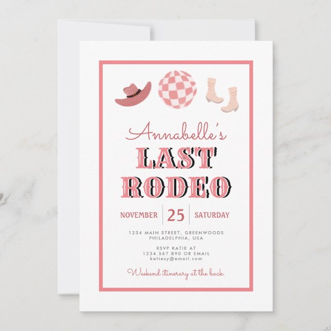 Cowgirl Last Rodeo Pink Disco Bachelorette Weekend Invitation (Front)