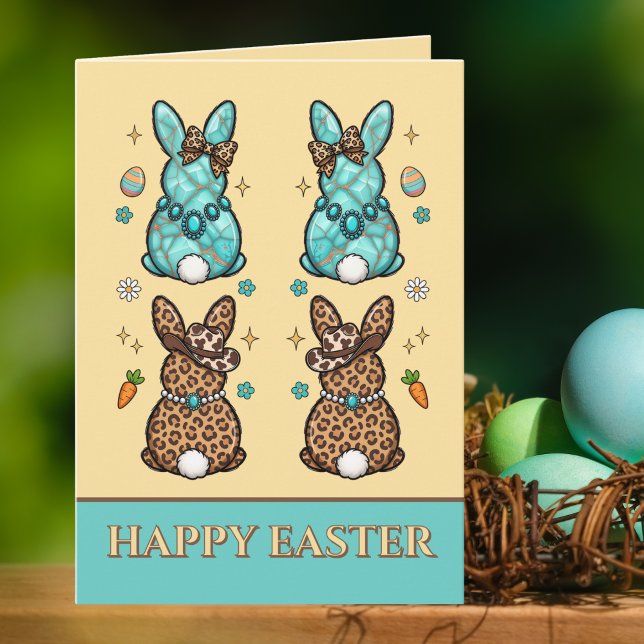 Cowgirl Leopard Print Teal Brown Bunnies  Easter  Card (Creator Uploaded)