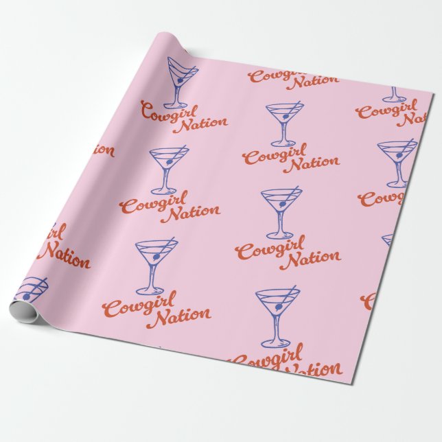 Cowgirl Martini Hand-Drawn Pink Gift Wrapping Paper (Unrolled)