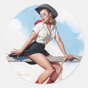 Cowgirl on Fence Pin Up Classic Round Sticker