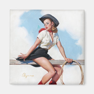 Cowgirl on Fence Pin Up Magnet
