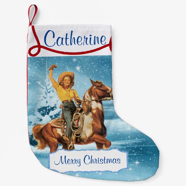 Cowgirl On Horse Winter Scene Small Christmas Stocking (Front)