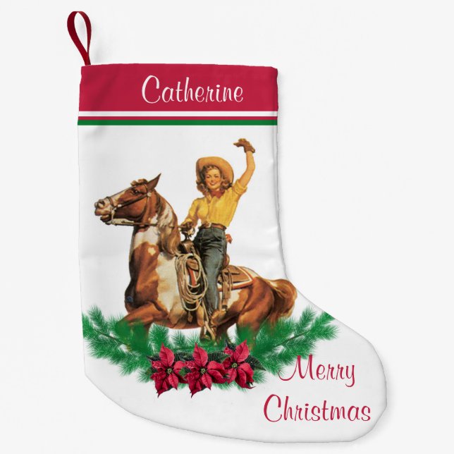 Cowgirl On Horse With Wreath Merry Christmas Small Christmas Stocking (Front)