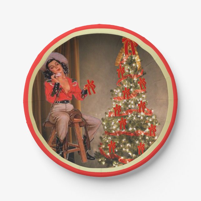 Cowgirl On Saddle With Christmas Tree Gold Red Paper Plate (Front)