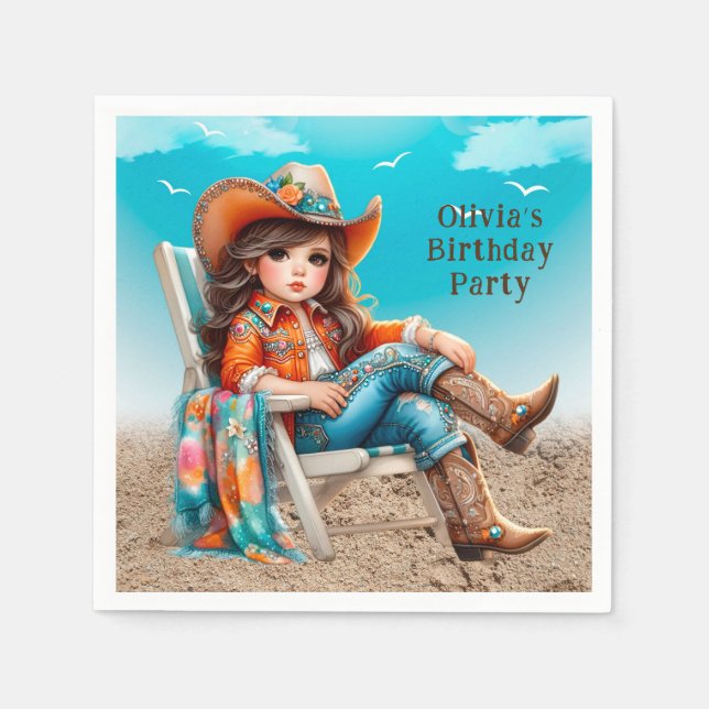 Cowgirl on the Beach Girl Birthday Party Napkin (Front)
