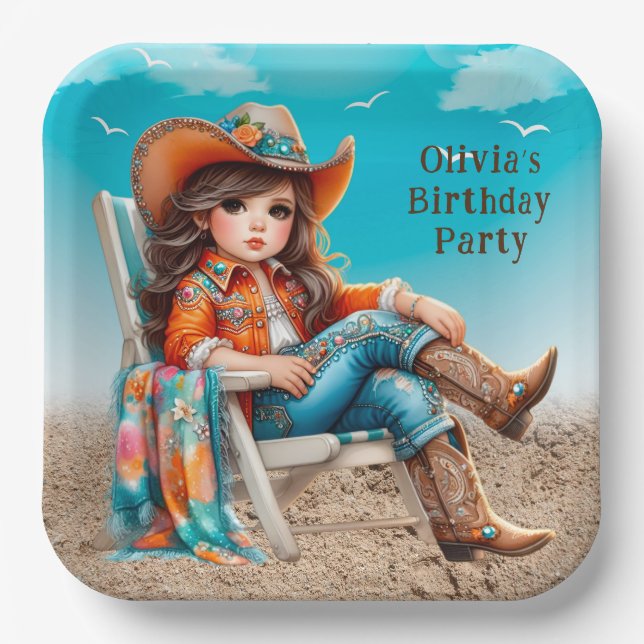 Cowgirl on the Beach Girl Birthday Party Paper Plate (Front)