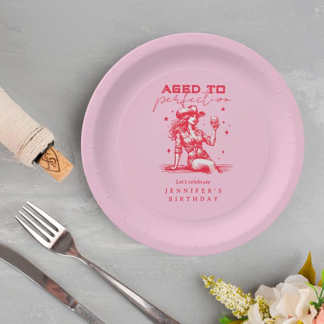 Cowgirl Pink Aged to Perfection Birthday Party  Paper Plate (Creator Uploaded)