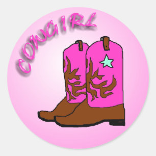 Cowgirl, Pink Boots Art Design Classic Round Sticker