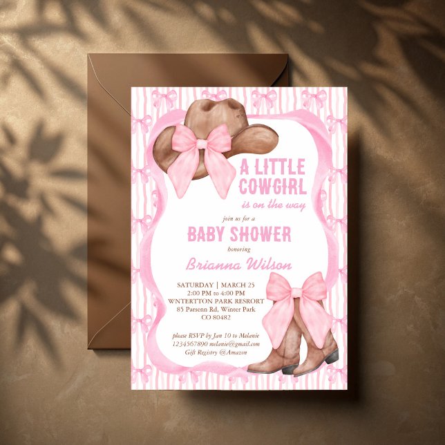 Cowgirl pink bow ribbon girls baby shower invitation (Creator Uploaded)