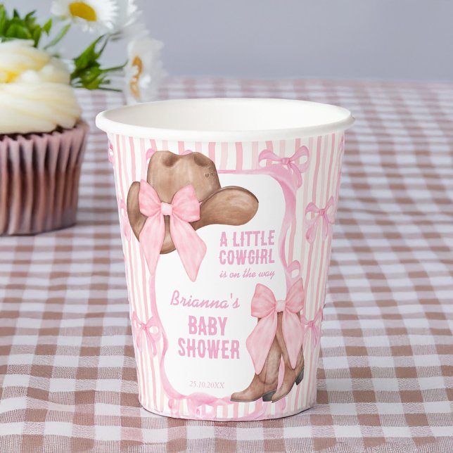 Cowgirl pink bow ribbon girls baby shower paper cups (Cowgirl pink bow ribbon western girls baby shower monogrammed paper cups personalized table decor)