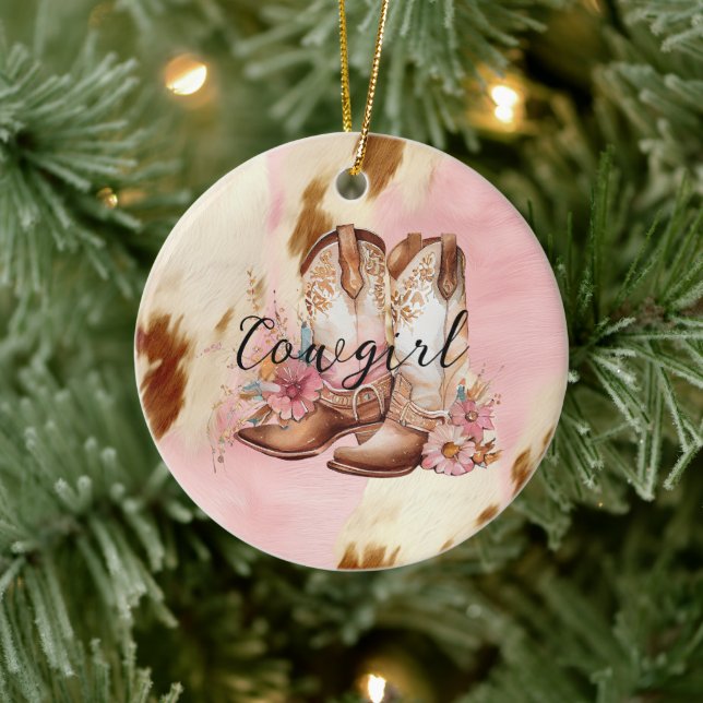 Cowgirl Pink Cream Brown Cowhide Floral Boots Ceramic Tree Decoration (Tree)