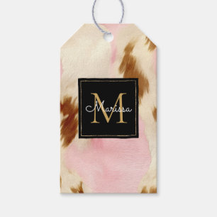 Cowgirl Pink Cream Brown Cowhide Gold Monogram Gift Tags