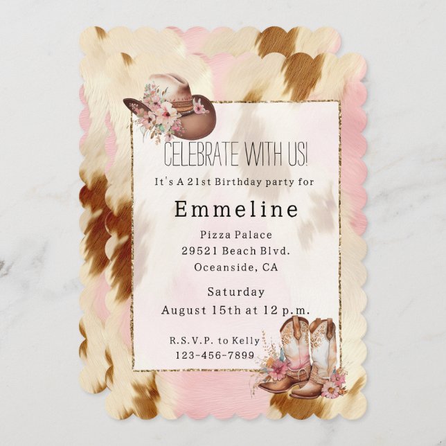 Cowgirl Pink Cream Brown Cowhide Hat Boots Invitation (Front/Back)
