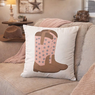 Cowgirl Pink Faux Glitter Star Cowboy Boots Cushion