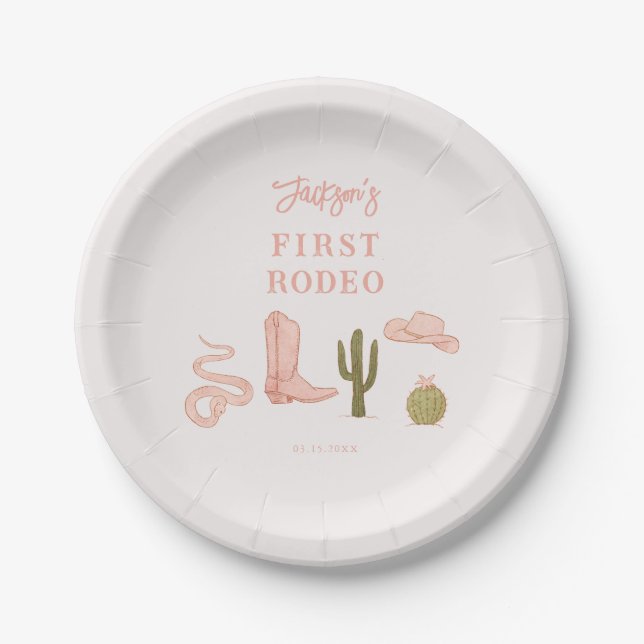 Cowgirl Pink First Rodeo Birthday Paper Plate (Front)