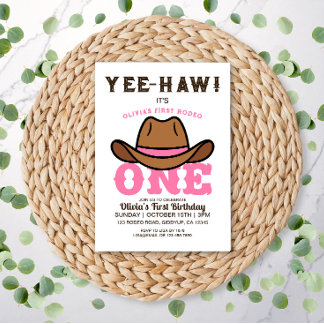Cowgirl Pink First Rodeo First Birthday  Invitation